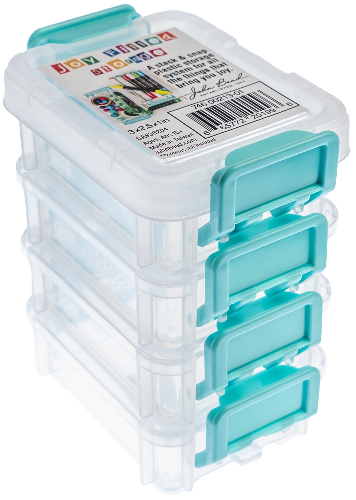 John Bead Joy Filled Storage Stackable Containers 4/Pkg-Clear/Turquoise 3"X2.5"X1"