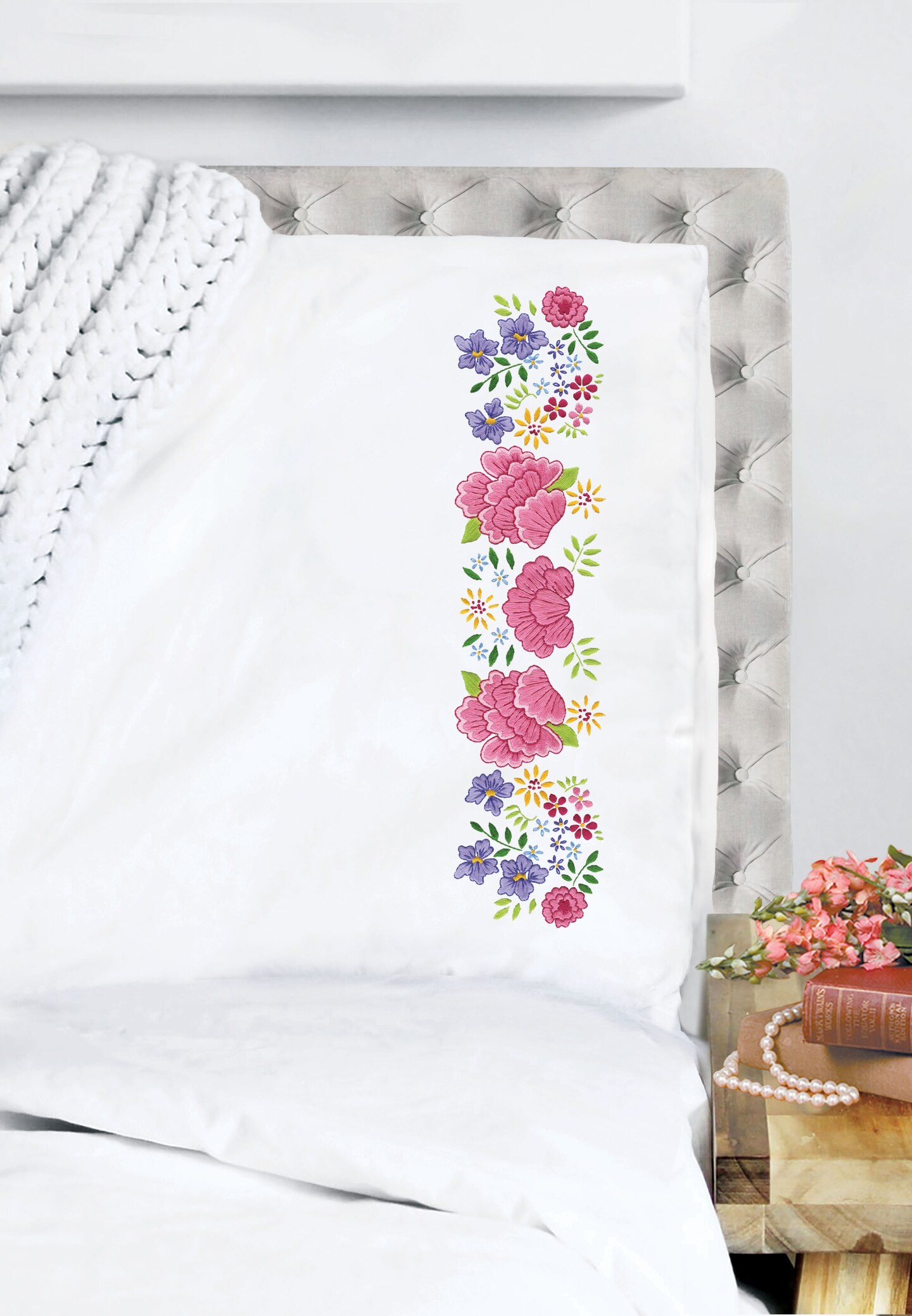 Tobin Stamped For Embroidery Pillowcase Pair 20"X30"Peony Floral