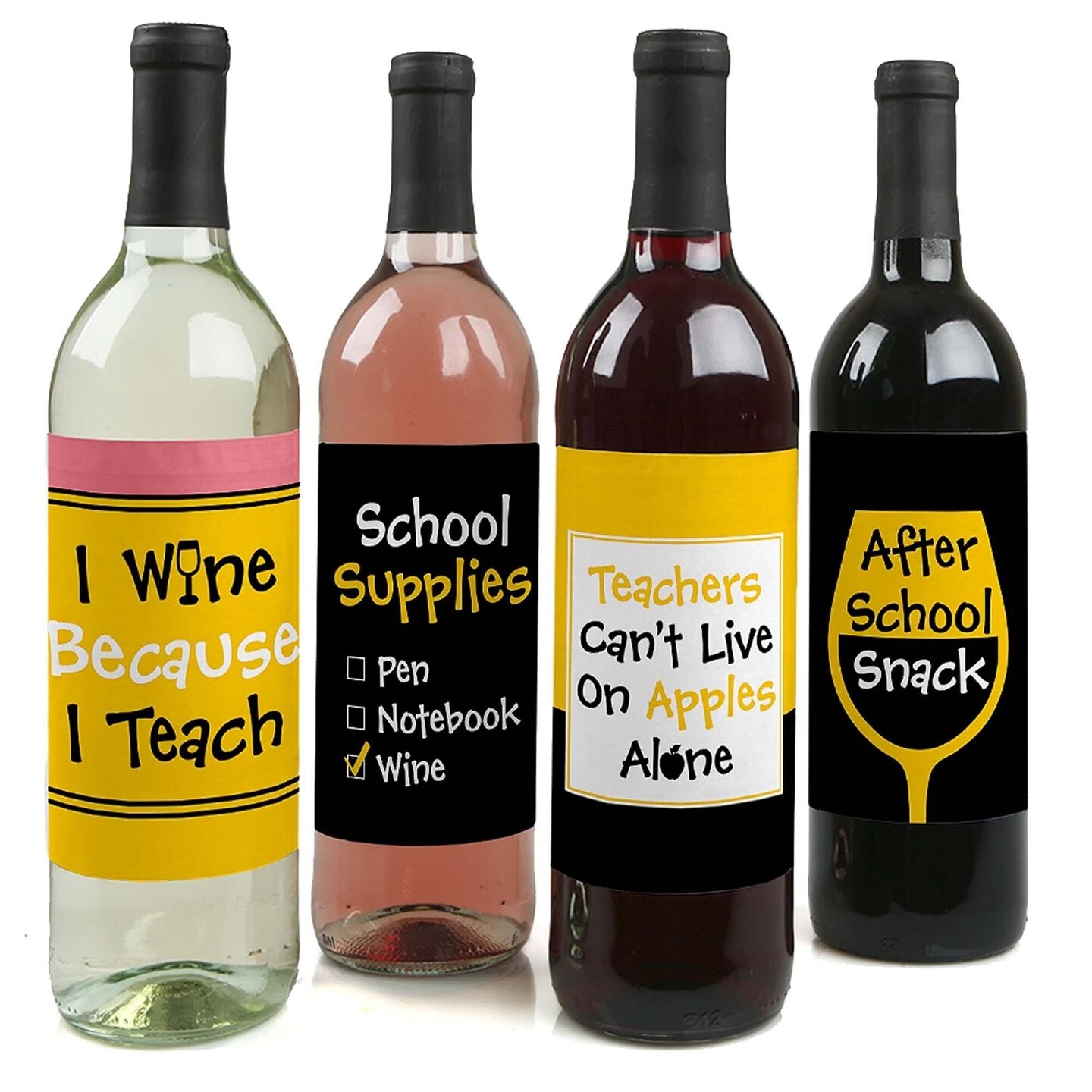 Big Dot of Happiness Best Teacher Gift - Teacher Appreciation First and Last Day of School or Christmas Gift - Wine Bottle Label Stickers - Set of 4