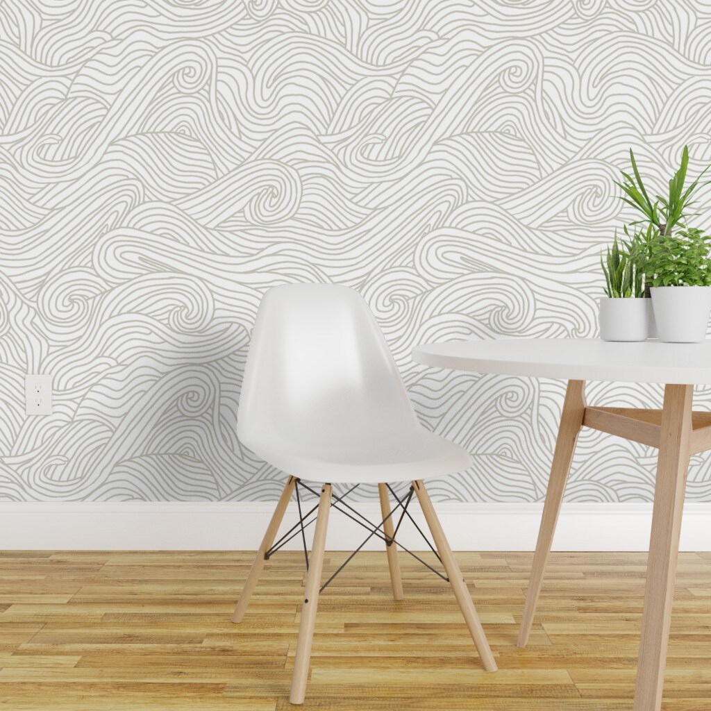 Peel &#x26; Stick Wallpaper 2FT Wide Neutral Gray Ocean Waves White Clouds Abstract Doodle Swirl Custom Removable Wallpaper by Spoonflower