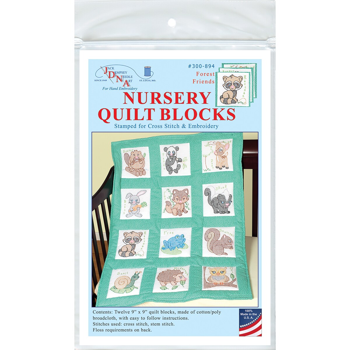 Jack Dempsey Stamped White Nursery Quilt Blocks 9"X9" 12/Pkg-Forest Friends