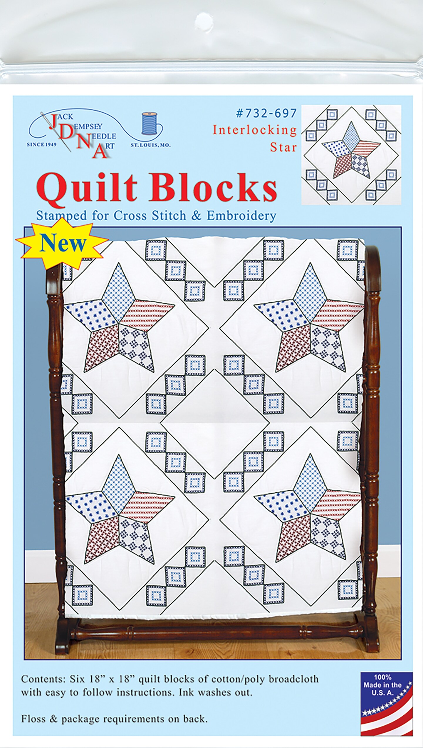 Jack Dempsey Stamped White Quilt Blocks 18"X18" 6/Pkg-Interlocking Star
