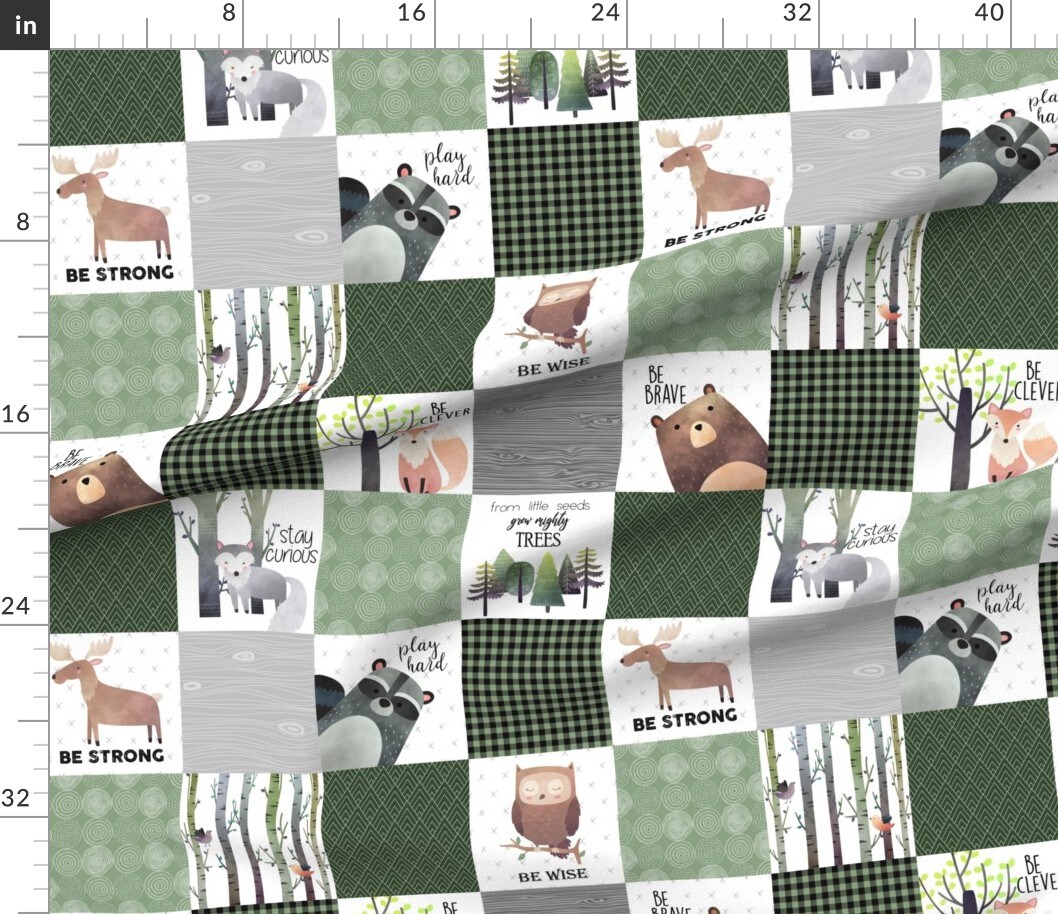 Various Fabrics by the Yard or Fat Quarter Woodland Animals Forest Cheater Quilt Bear Fox Moose Wholecloth Green Brown Topper Custom Printed Fabric by Spoonflower