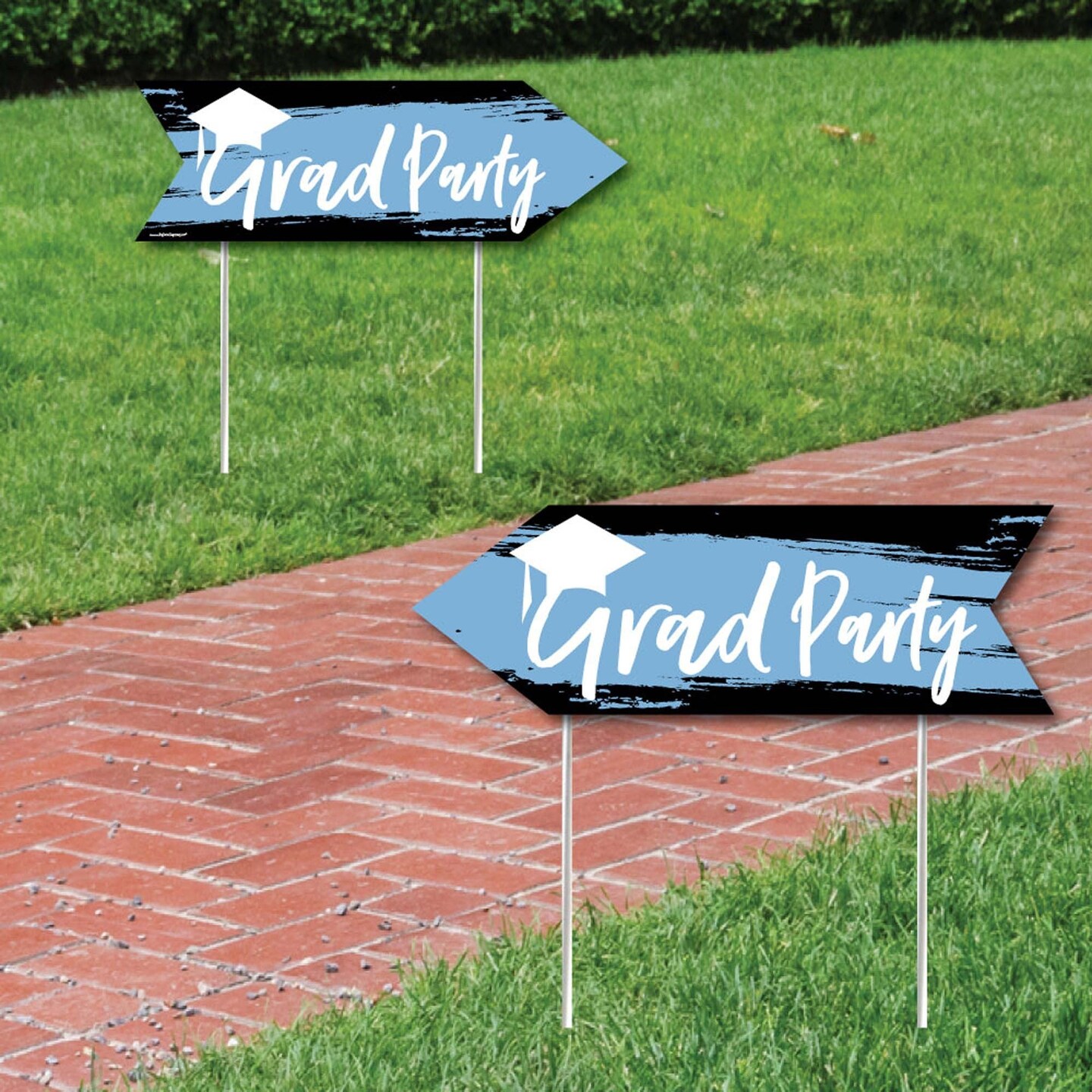 Big Dot of Happiness Light Blue Graduation Party Sign Arrow - Double Sided Directional Yard Signs - Set of 2