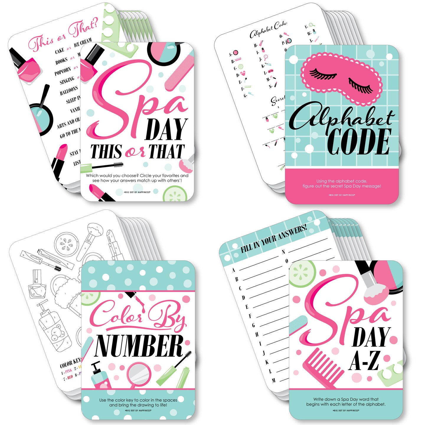 Big Dot of Happiness Spa Day - 4 Girls Makeup Party Games - 10 Cards Each - Gamerific Bundle