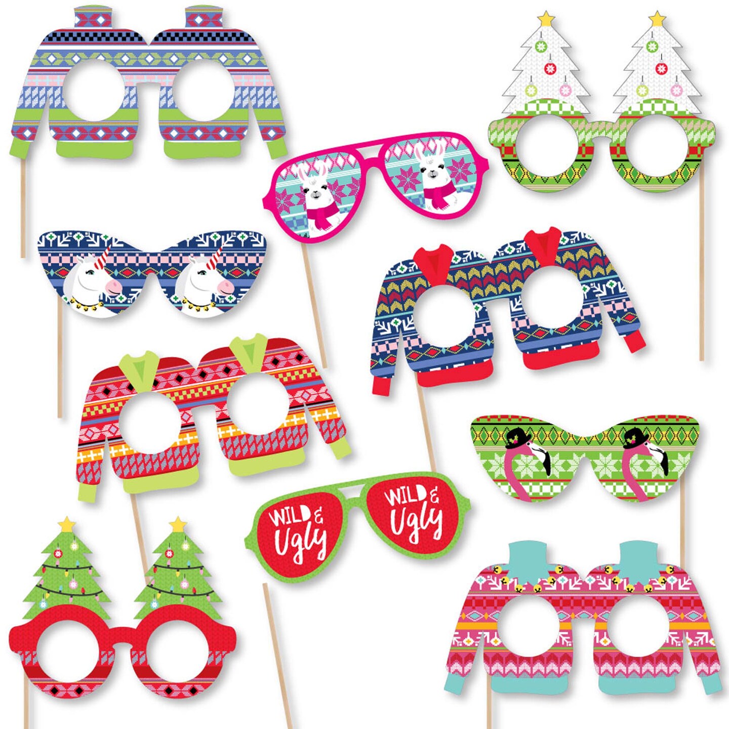 Big Dot of Happiness Wild and Ugly Sweater Party Glasses &#x26; Masks - Paper Card Stock Holiday &#x26; Christmas Animals Party Photo Booth Props Kit - 10 Count