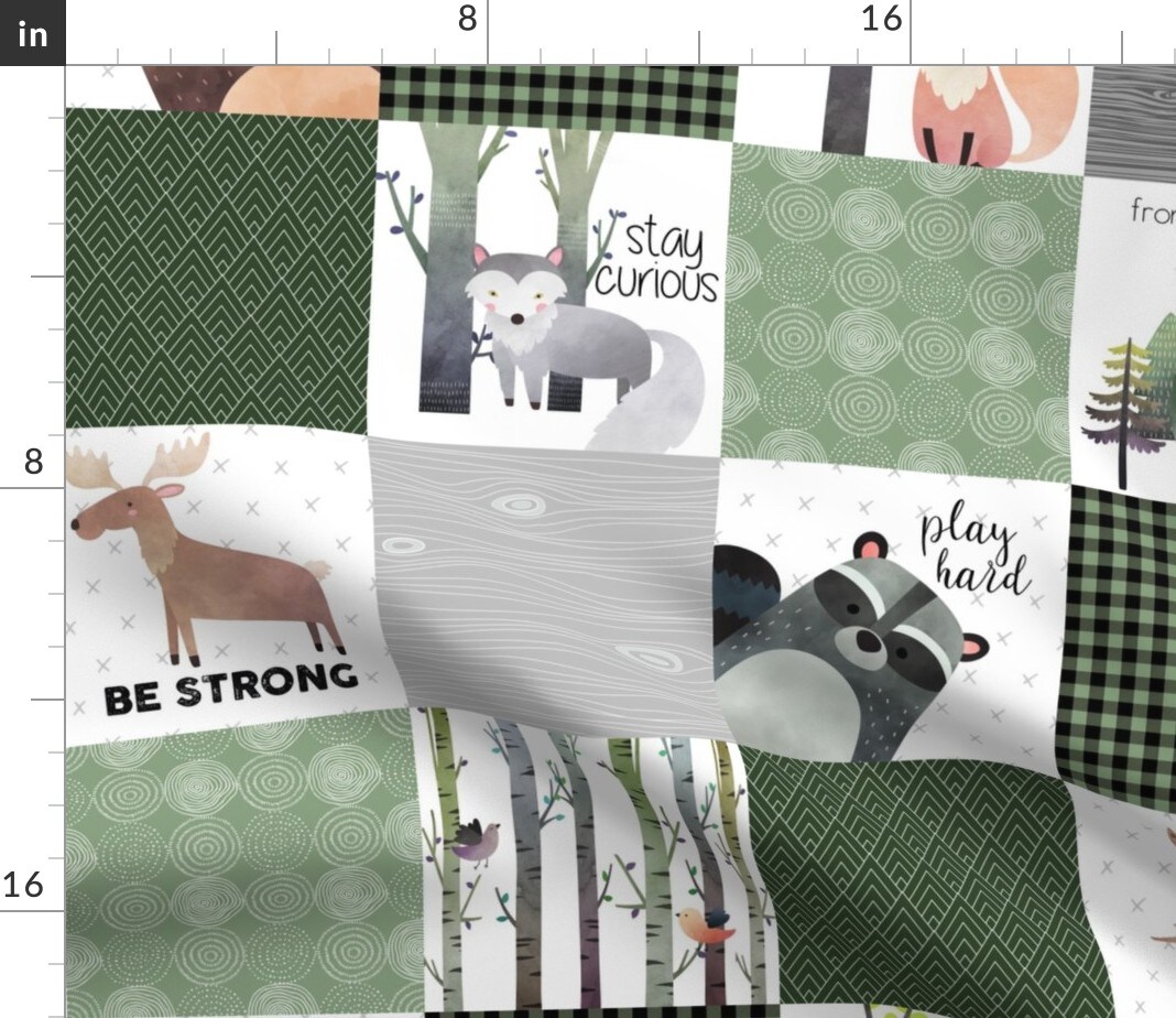 Woodland Animals Forest Cheater Quilt Bear Fox Moose Wholecloth Green Brown Topper Custom Printed Fabric by Spoonflower Various Fabrics by the Yard or Fat Quarter