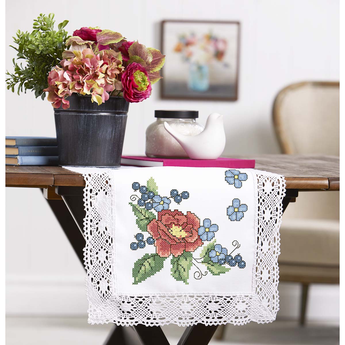 Herrschners Floral Table Topper Stamped Embroidery Kit