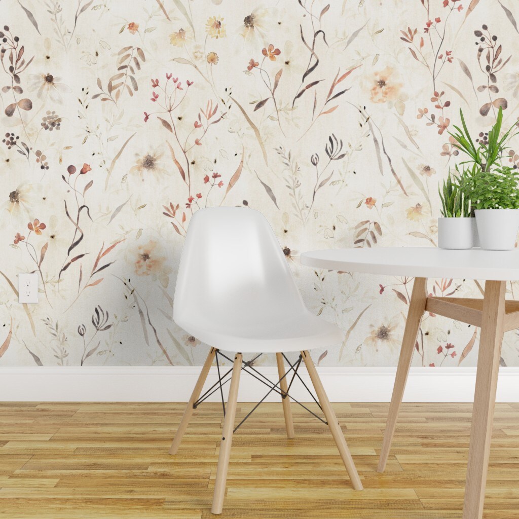 Peel & Stick Wallpaper 2FT Wide Neutral Botanicals Watercolor Floral Beige Custom Removable