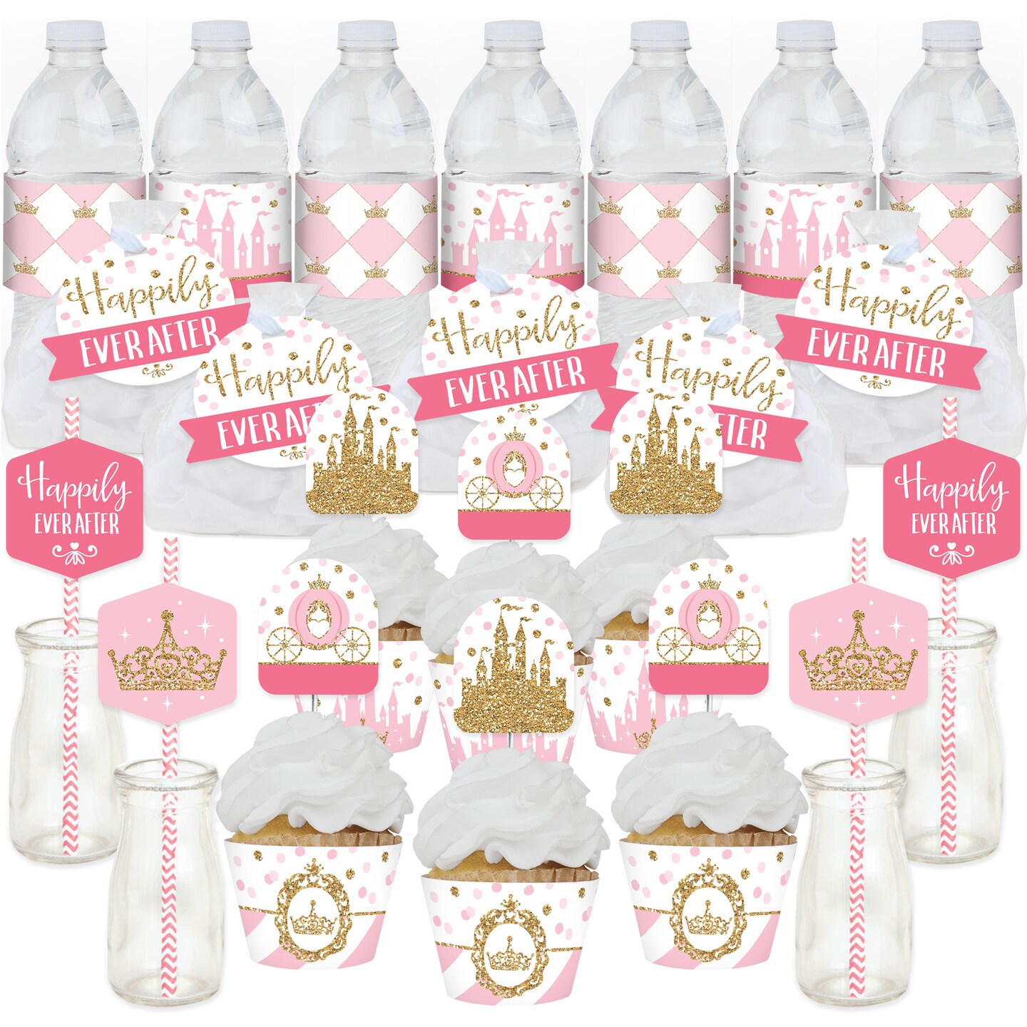Big Dot of Happiness Little Princess Crown - Pink &#x26; Gold Baby Shower or Birthday Party Favors and Cupcake Kit - Fabulous Favor Party Pack - 100 Pieces