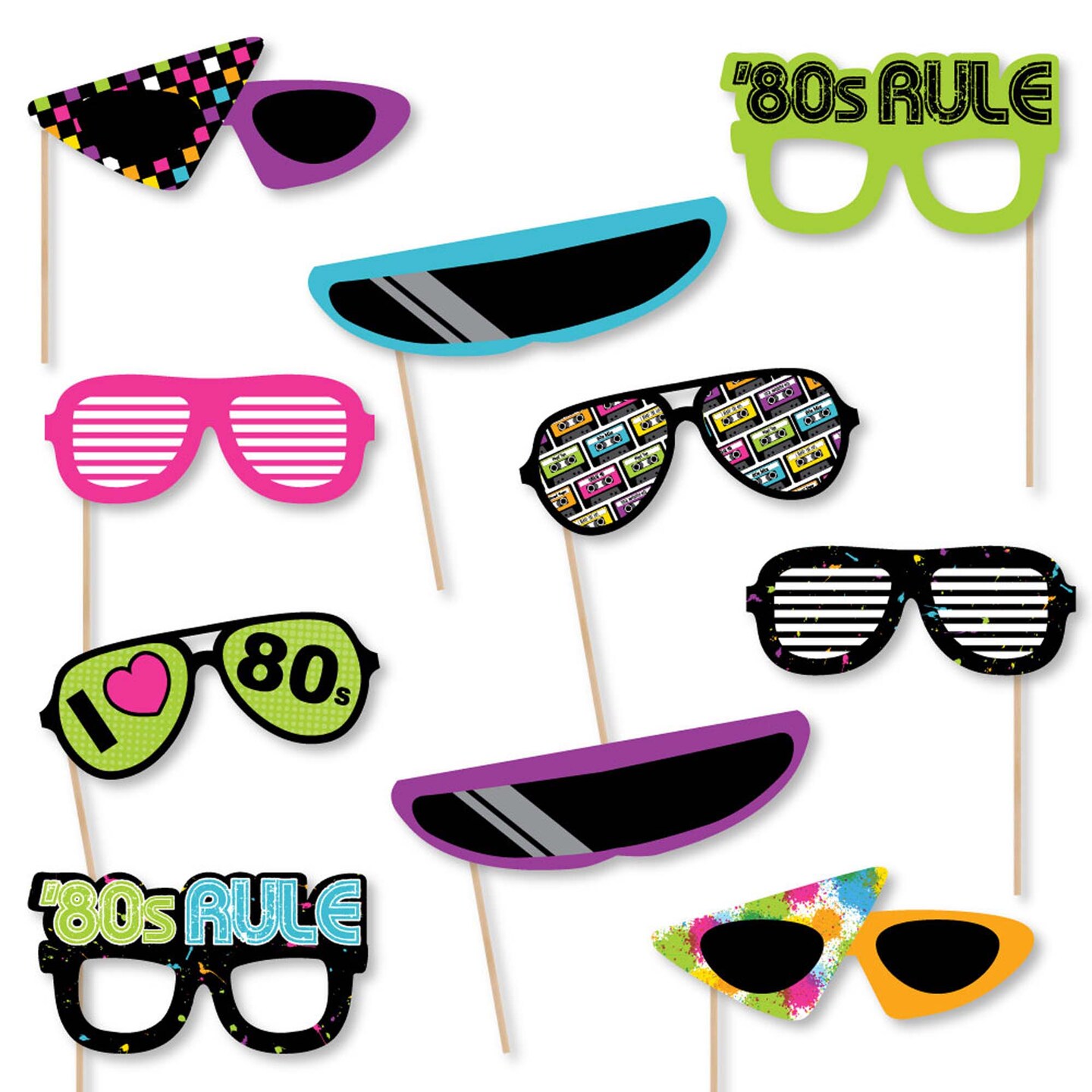 Big Dot of Happiness 80's Retro Glasses - Paper Card Stock Totally 1980s Party Photo Booth Props Kit - 10 Count