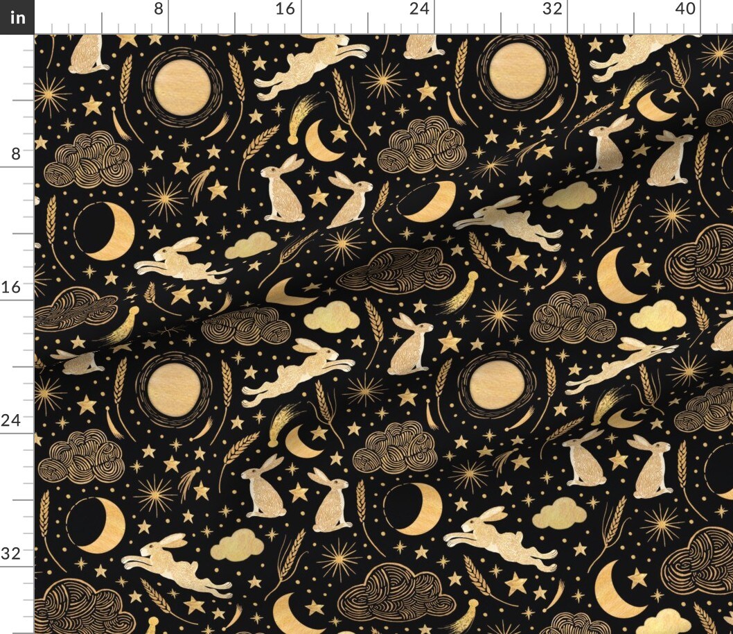 Petal Signature Cotton by the Yard or Fat Quarter Black Rabbit Stars Clouds Gold Wheat Night Sky Harvest Moon Crescent Shooting Star Hares Comet Custom Printed Fabric by Spoonflower