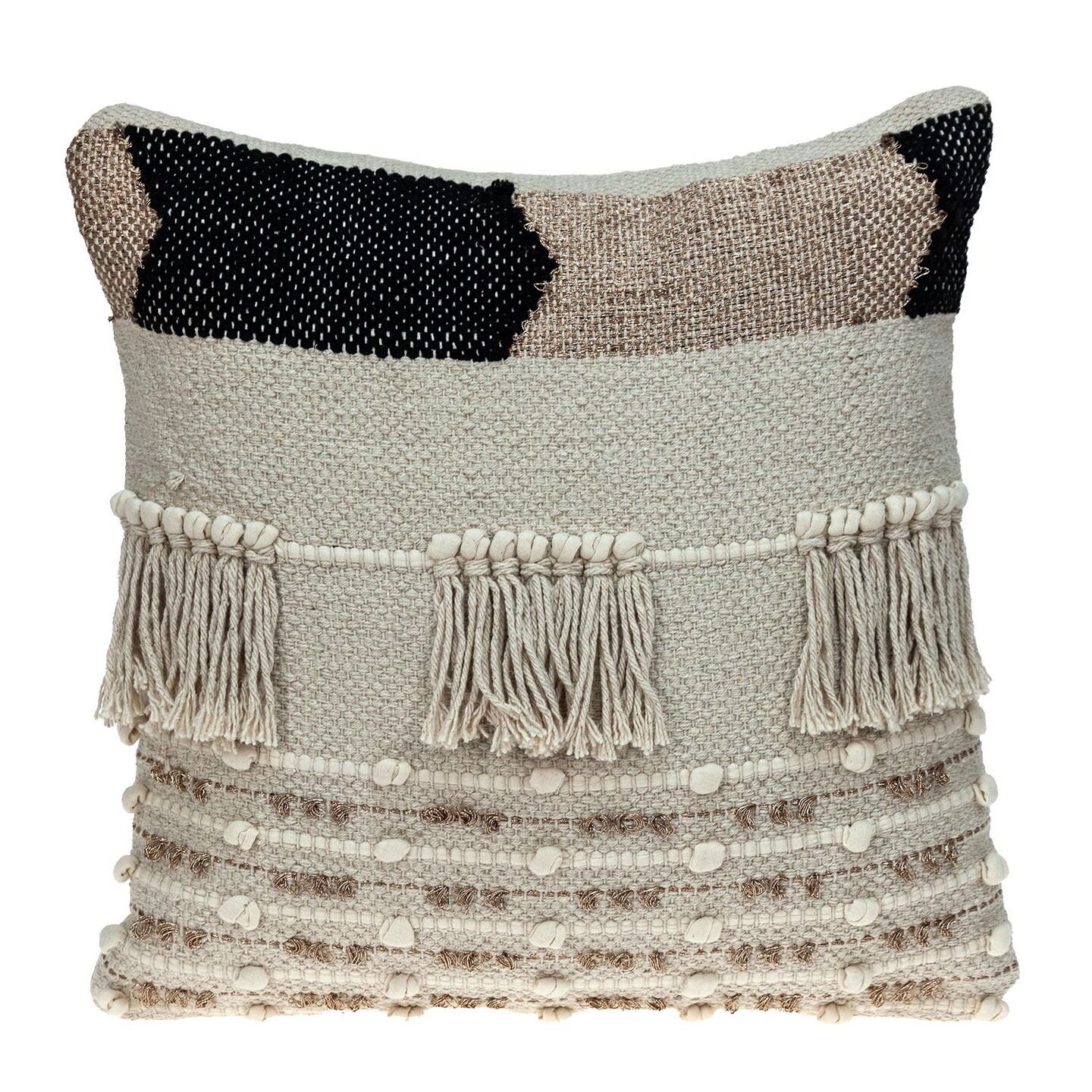 Nassau Collection 17.75" Beige and Black Hand Woven Square Throw Pillow