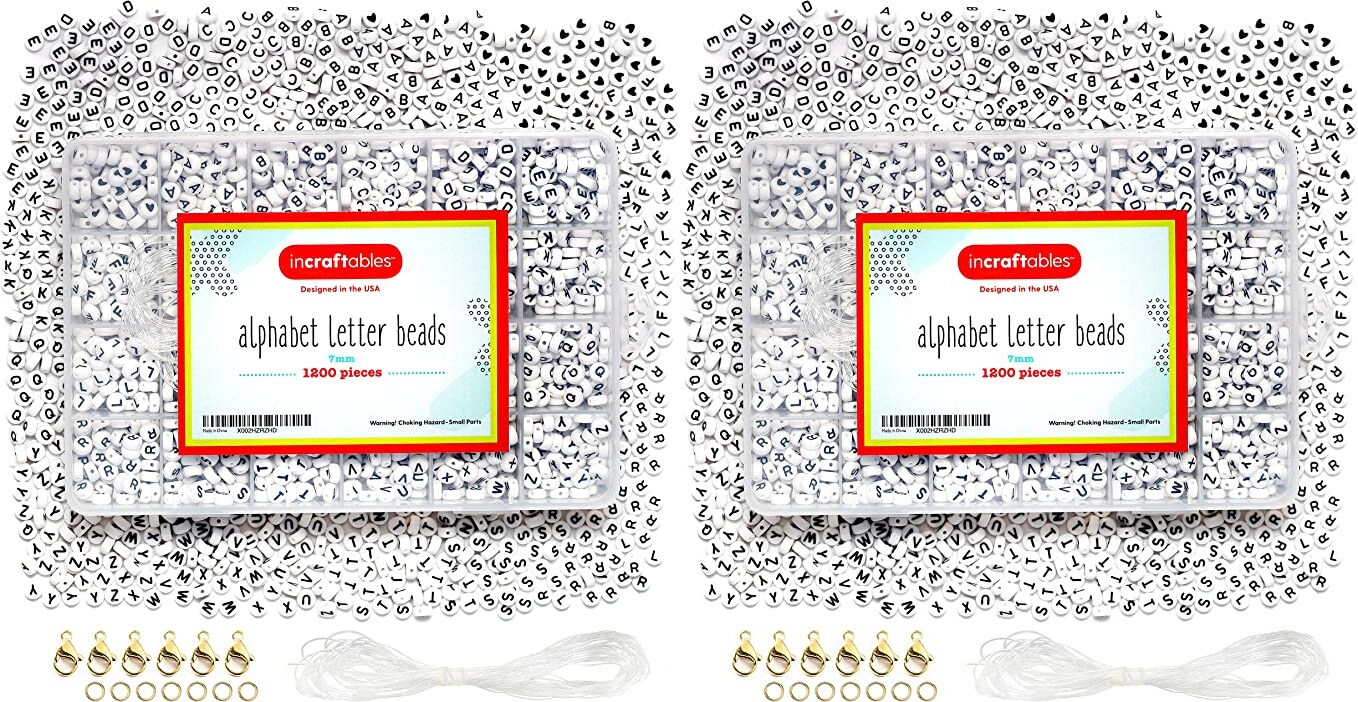 2 PACK - Incraftables 1200pcs Round Letter Beads for Jewelry Making (7mm). A-Z Letters Black Alphabet for DIY Friendship Bracelets & Crafts. ABC Circle & Heart Bead w/ Elastic String, Clasps & Organizer