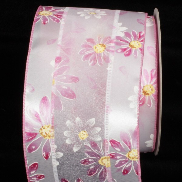 The Ribbon People Pink and White Embossed Flowers Wired Craft Ribbon 4" x 20 Yards