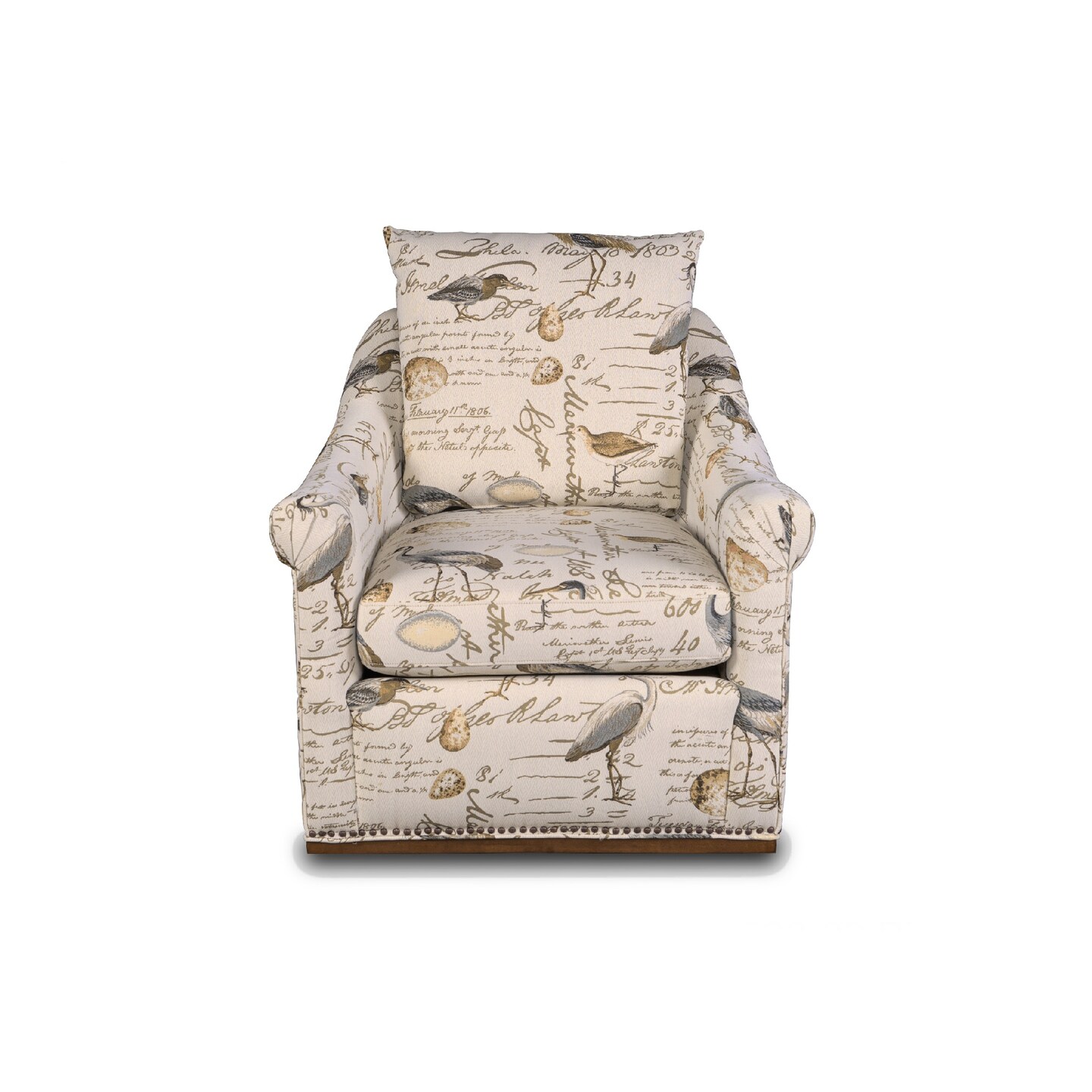 The Hamptons Collection 36&#x22; Beige Birdscript Low Back Swivel Chair with Rolled Arms and Nailhead Trim