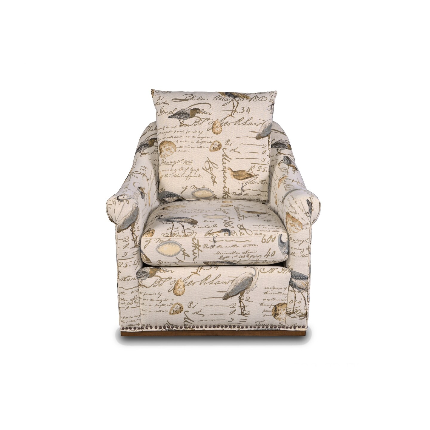 The Hamptons Collection 36" Beige Birdscript Low Back Swivel Chair with Rolled Arms and Nailhead Trim