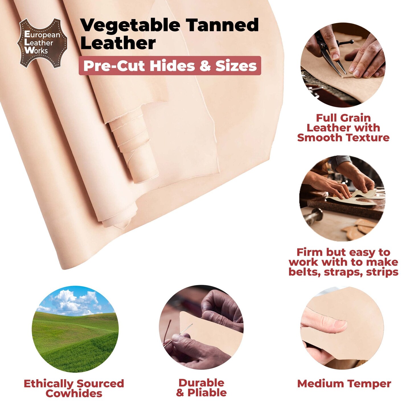 European Leather Work 5-6 oz. (2-2.4mm) Vegetable Tanned Leather Pre-Cut Full Grain Cowhide Leathercraft for Tooling, Engraving, Carving, Molding, Embossing, Stamping, &#x26; Dyeing