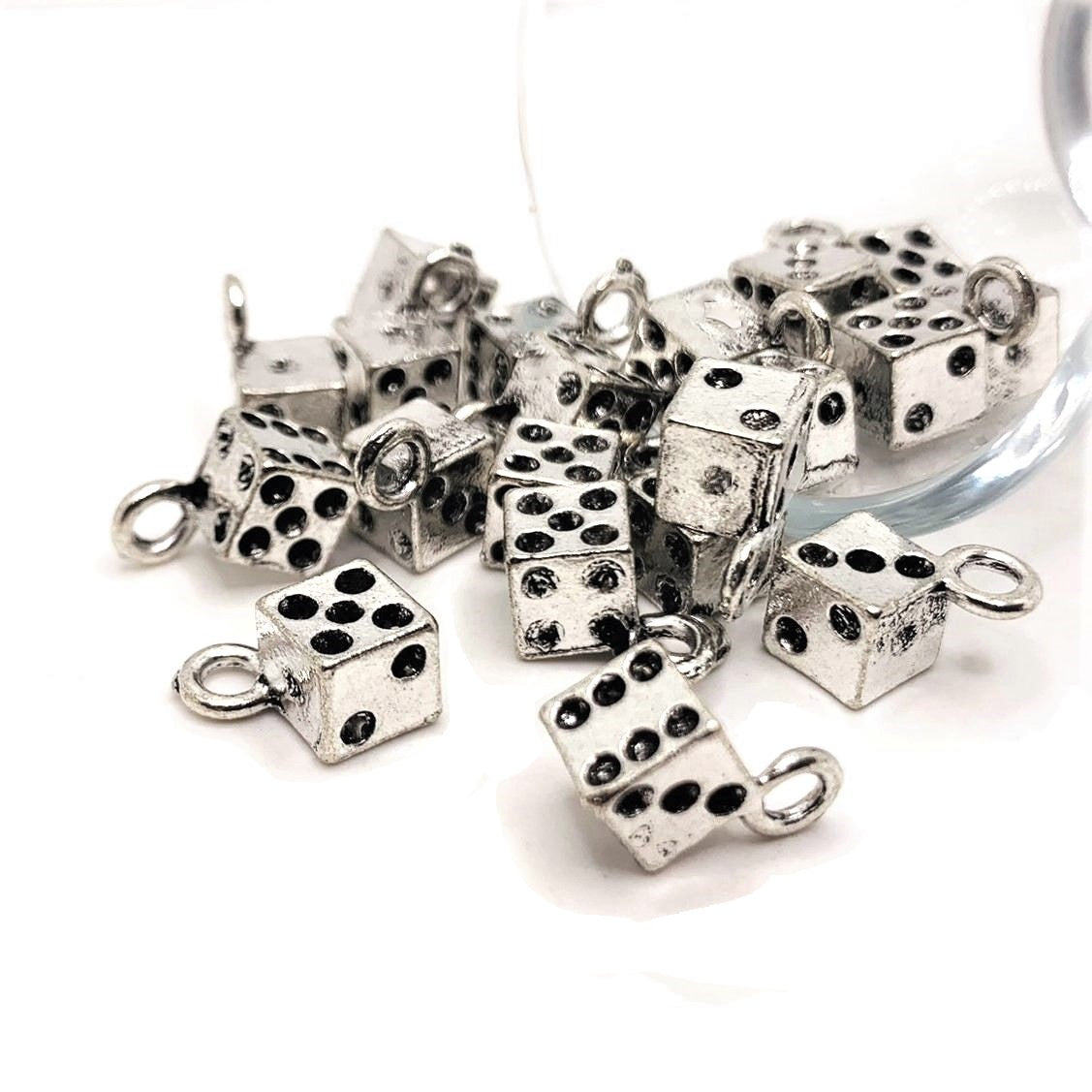 4, 20 or 50 Pieces: Silver Dice Gambler 3D Charms