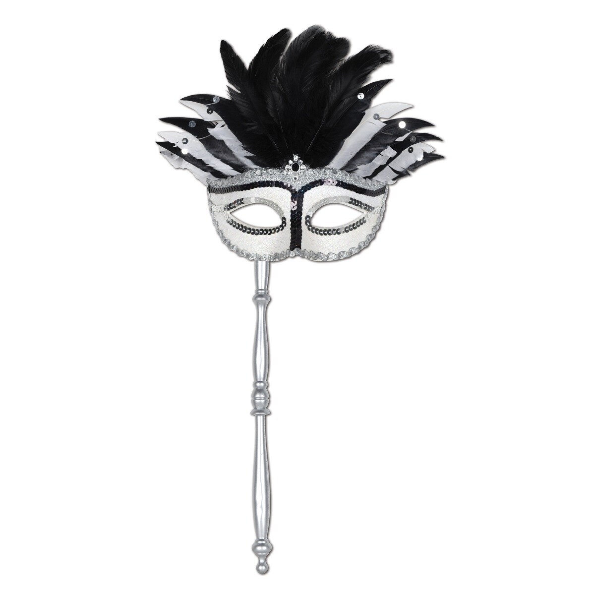 Beistle Set of 12 Elegantly Glittered White, Silver and Black Feathered Mardi Gras Masquerade Masks