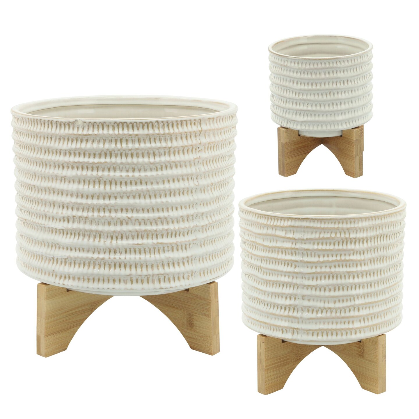Kingston Living 11" Ivory and Brown Bamboo Wood Outdoor Textured Planter On Stand