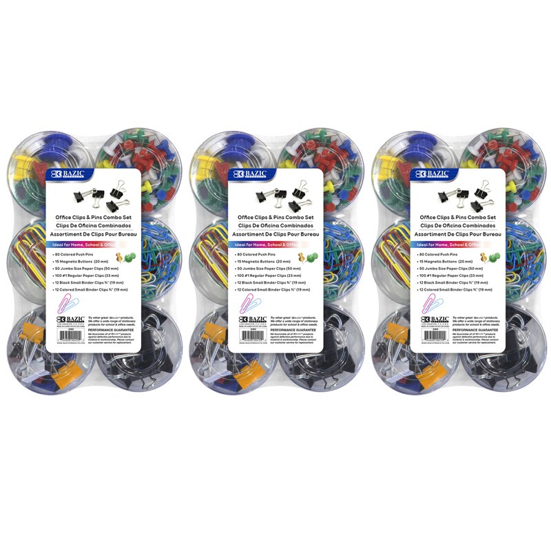 Push Pin, Paper Clip, Binder Clip, Magnetic Button Combo Set, 269 Pieces Per Set, 3 Sets