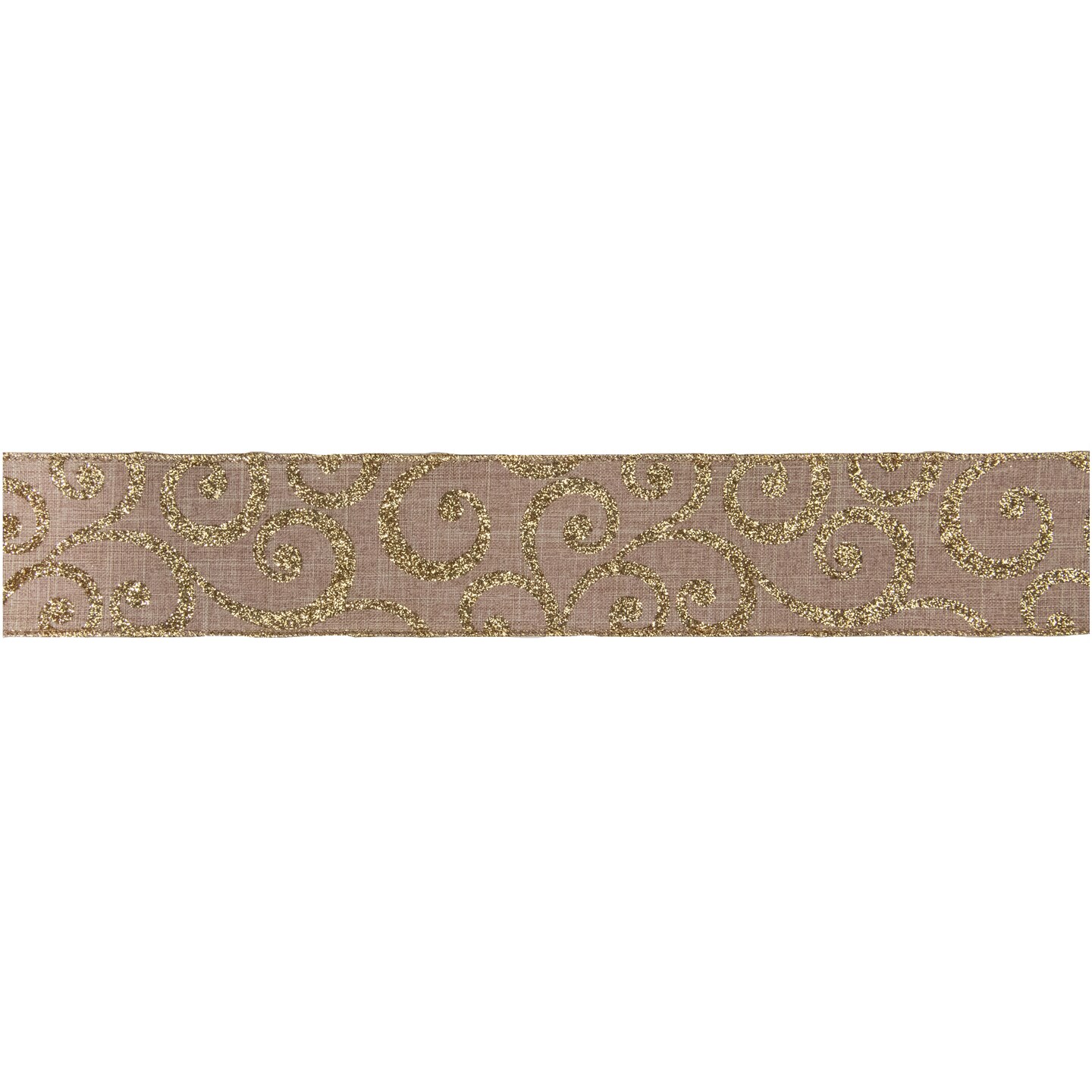 Northlight Burlap and Gold Scroll Christmas Wired Craft Ribbon 2.5&#x22; x 10 Yards
