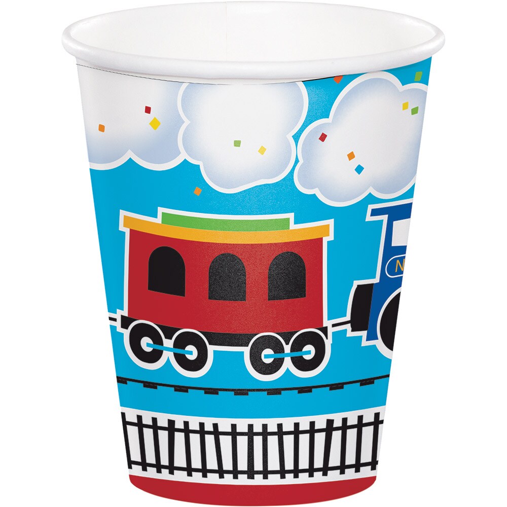 Party Central Pack of 96 Blue and White &#x201C;All Aboard&#x201D; Hot Cold Cups 3.75&#x22;