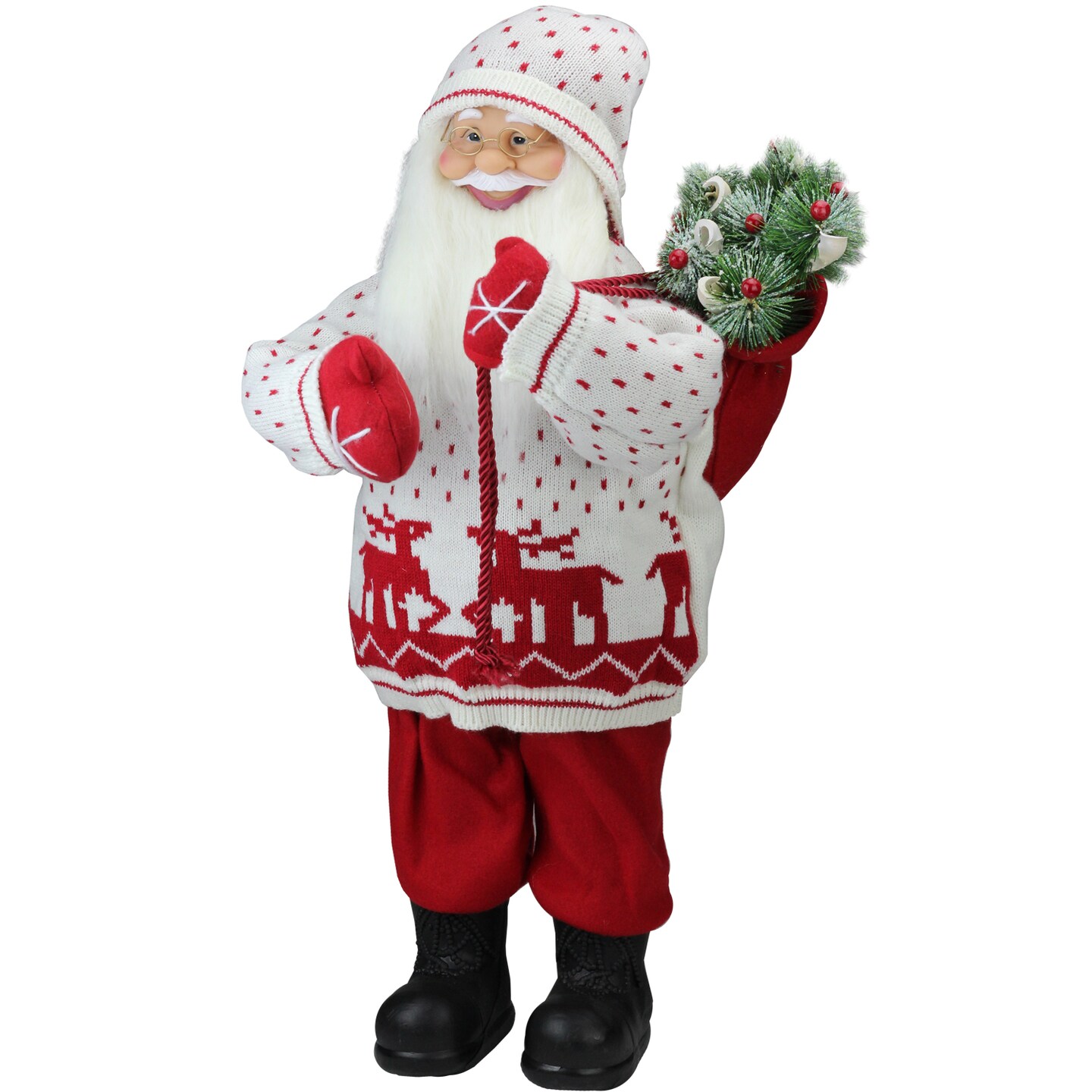 Northlight Santa in Knitted Deer Sweater with Sack of Pine Needles Figure - 25" - White and Red
