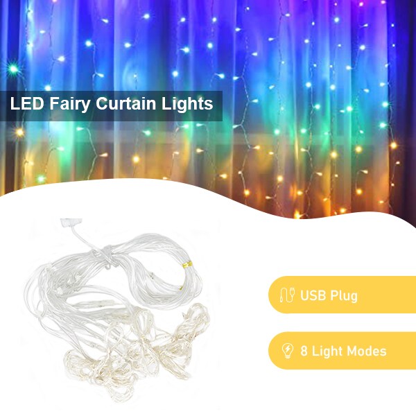 Perfect Holiday 300 LED USB Fairy Curtain Light With Remote - 8 Light Modes