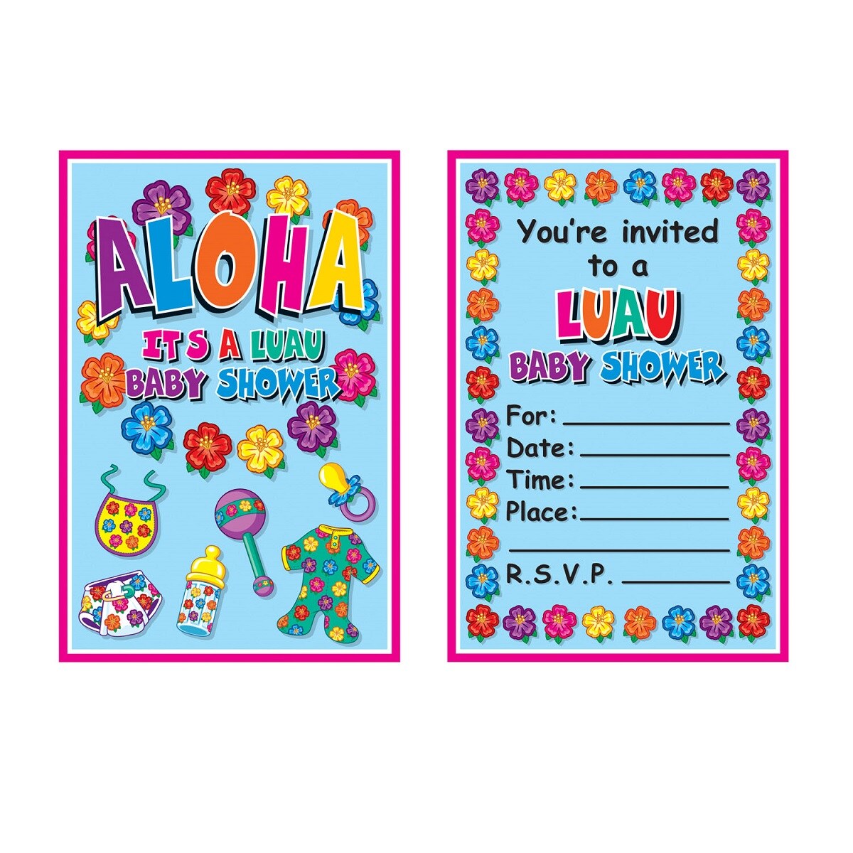 Party Central Club Pack of 96 Blue and Pink Floral &#x22;ALOHA&#x22; Baby Shower Party Invitations 5.5&#x22;