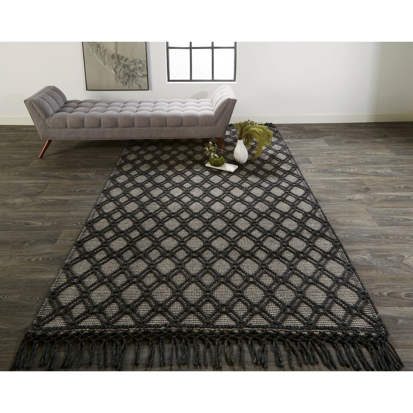 Feizy Home Collection 7.75&#x27; x 9.75&#x27; Black and Ivory Geometric Hand Woven Rectangular Wool Area Throw Rug