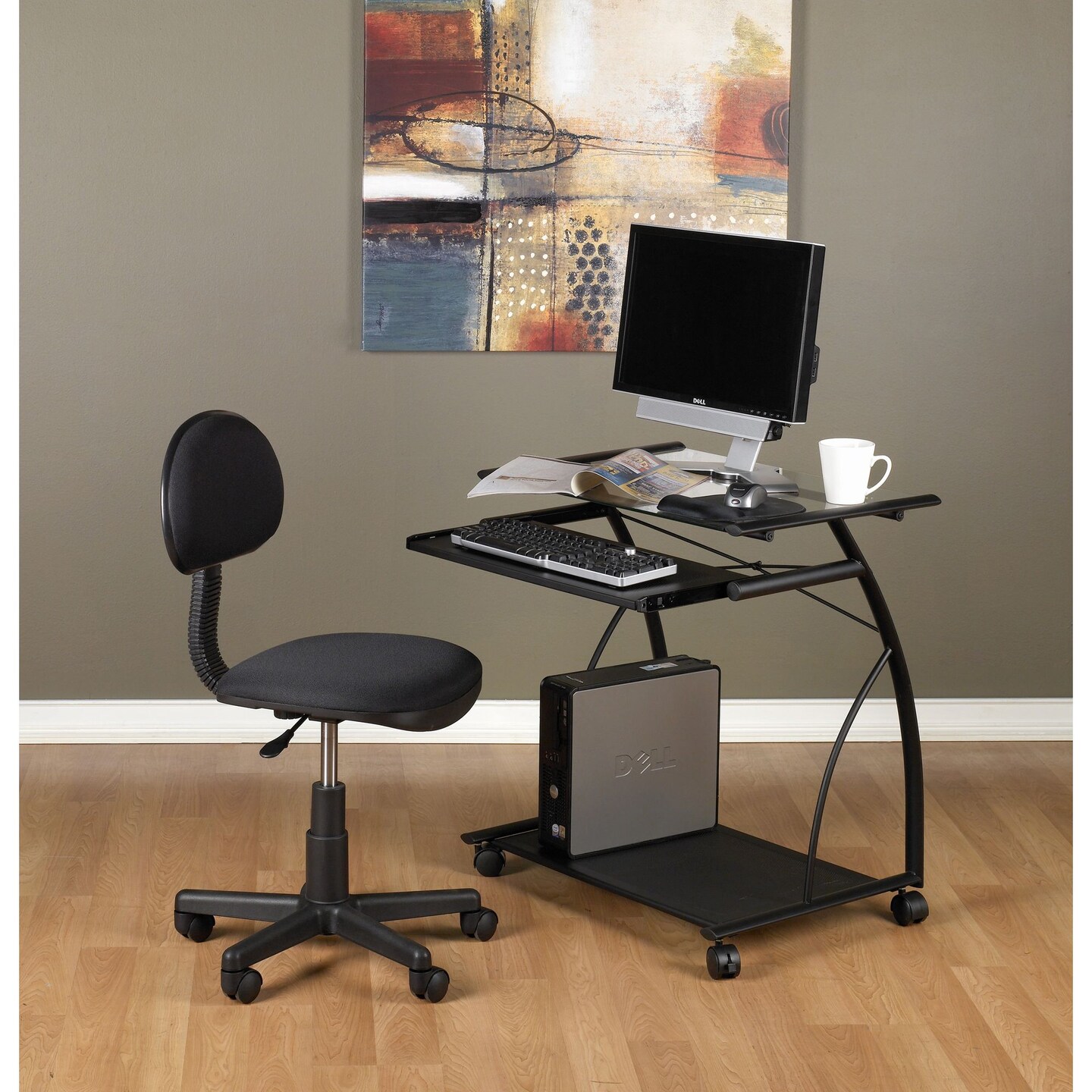 L Cart Compact Computer Cart with Storage and Keyboard Shelf - Black / Clear Glass
