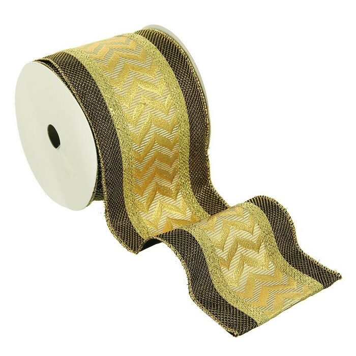 Select Artificials Gold and Brown Metallic Flame Chevron Wired Craft Christmas Ribbon 4&#x22; x 5 Yards