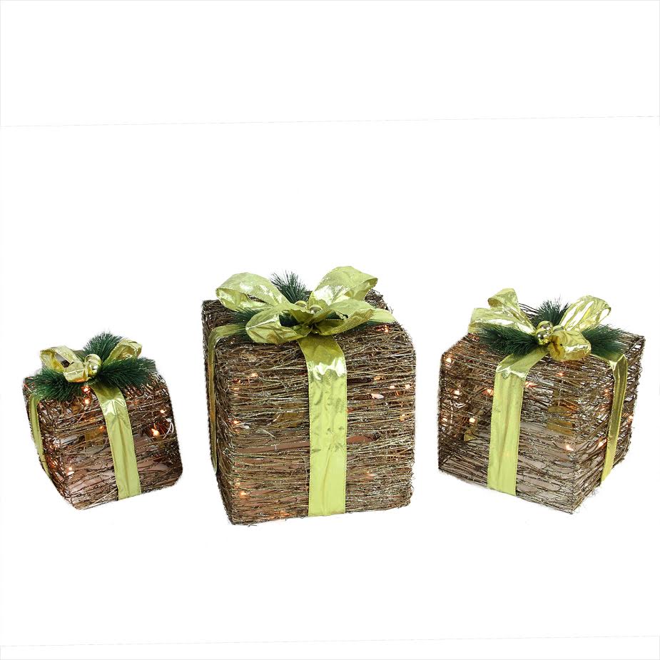 Northlight Set of 3 Brown and Green Lighted Glitter Gift Boxes Christmas Decoration 12&#x22;