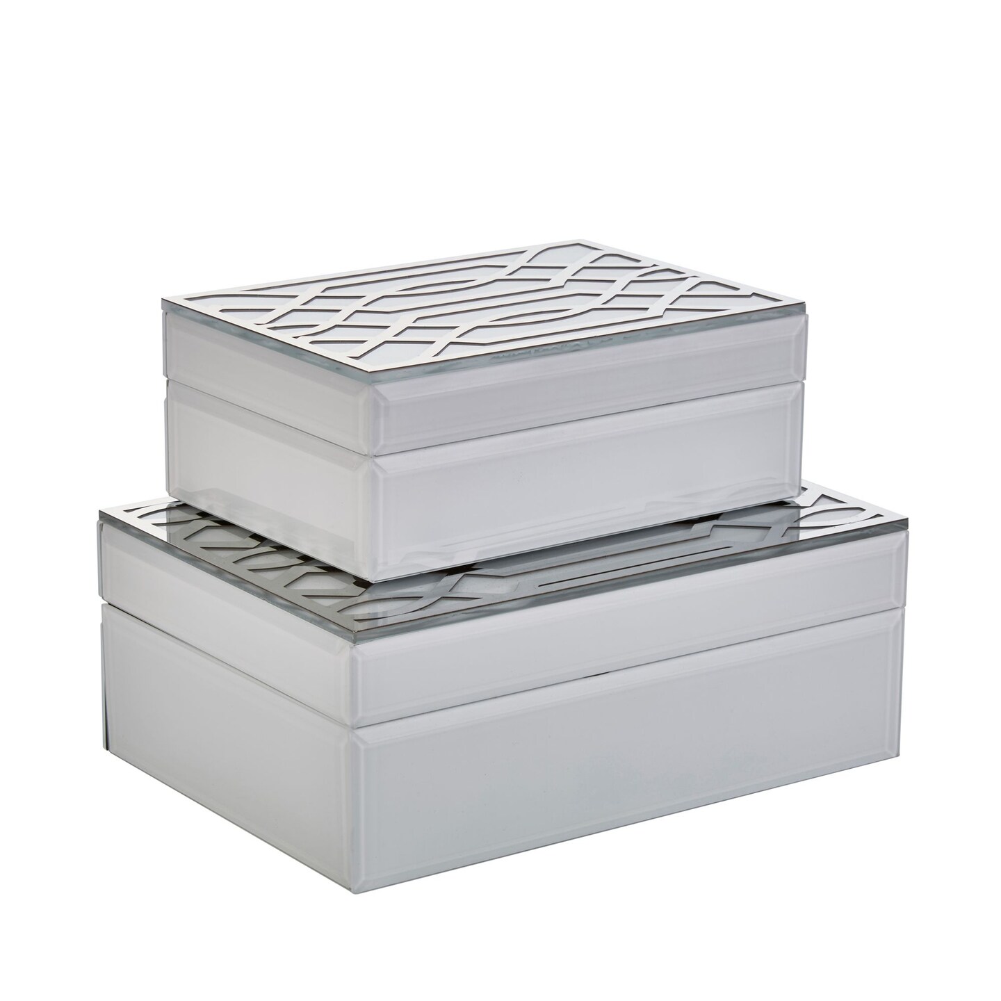 Kingston Living Set of 2 White and Silver Decorative Storage Boxes 9.75"