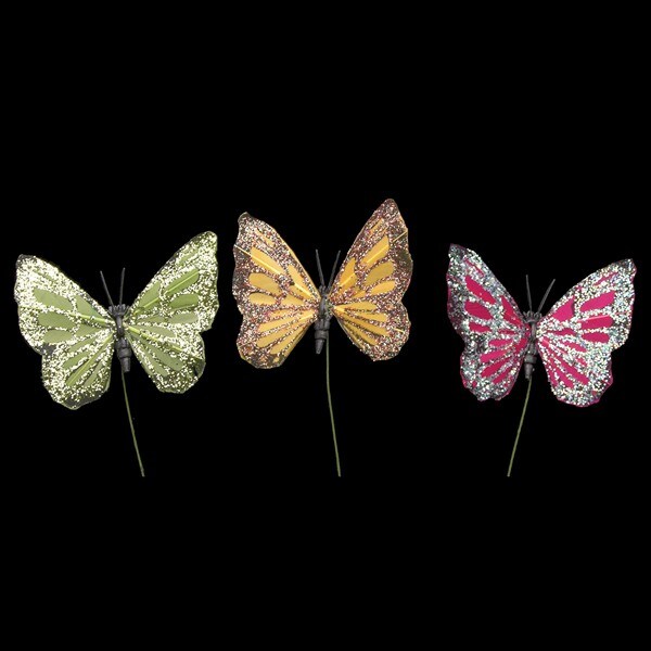 The Ribbon People Club Pack of 144 Green and Pink Night Glitter Butterfly Wired Craft Picks 2&#x22;