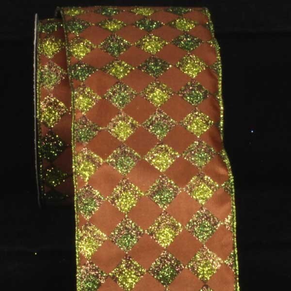 The Ribbon People Brown and Green Glitter Harlequin Wired Craft Ribbon 4&#x22; x 20 Yards