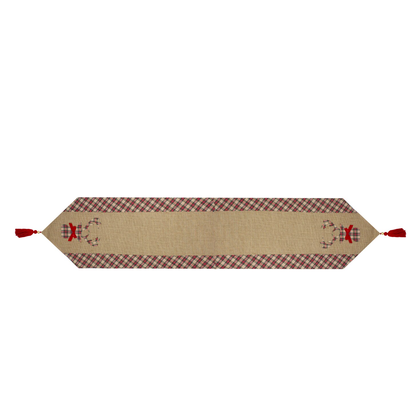 Northlight Burlap and Plaid Reindeer with Bow Christmas Table Runner - 36" - Red and Brown