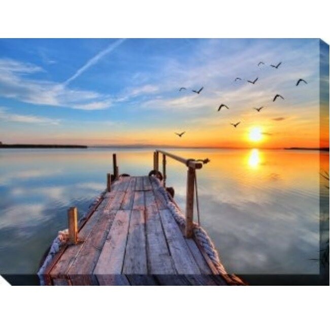 Outdoor Living and Style Blue and Orange Fishing Dock Outdoor Canvas  Rectangular Wall Art Decor 30 x 40