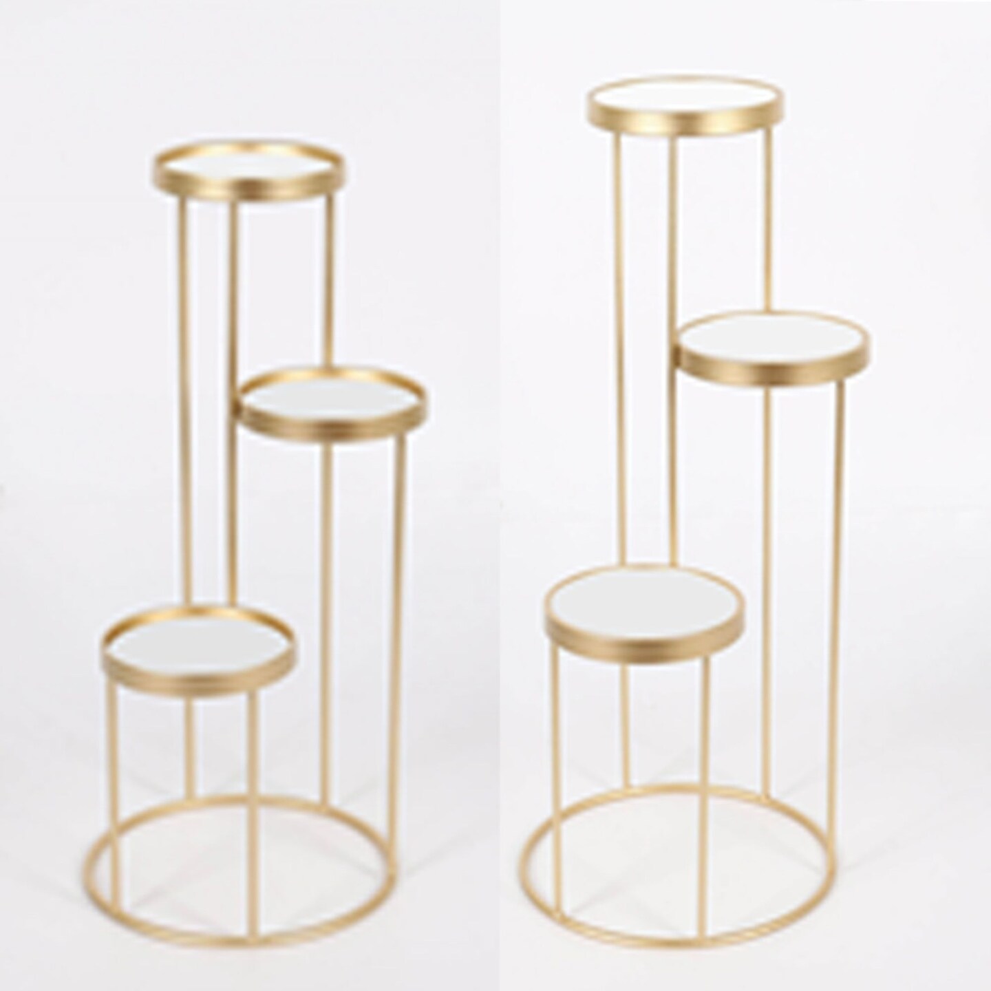 Kingston Living Set of 2 White and Gold 3-Layered Mirror Round Plant Stands 27&#x22;