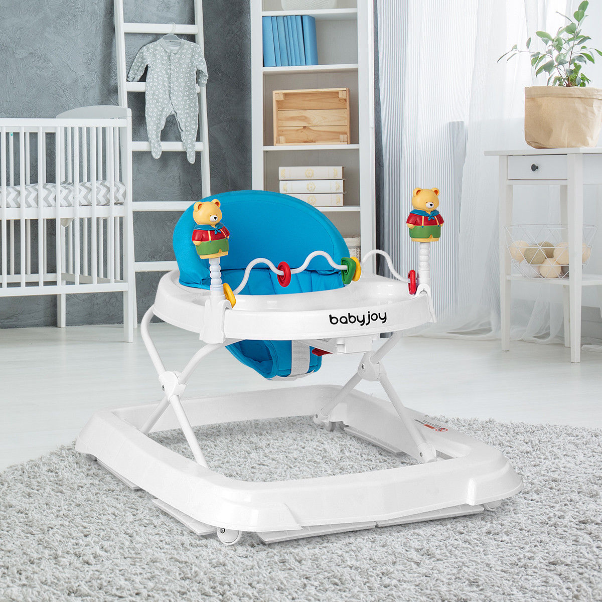 Baby Walker Adjustable Height Removable Toy Wheels Folding Portable Blue