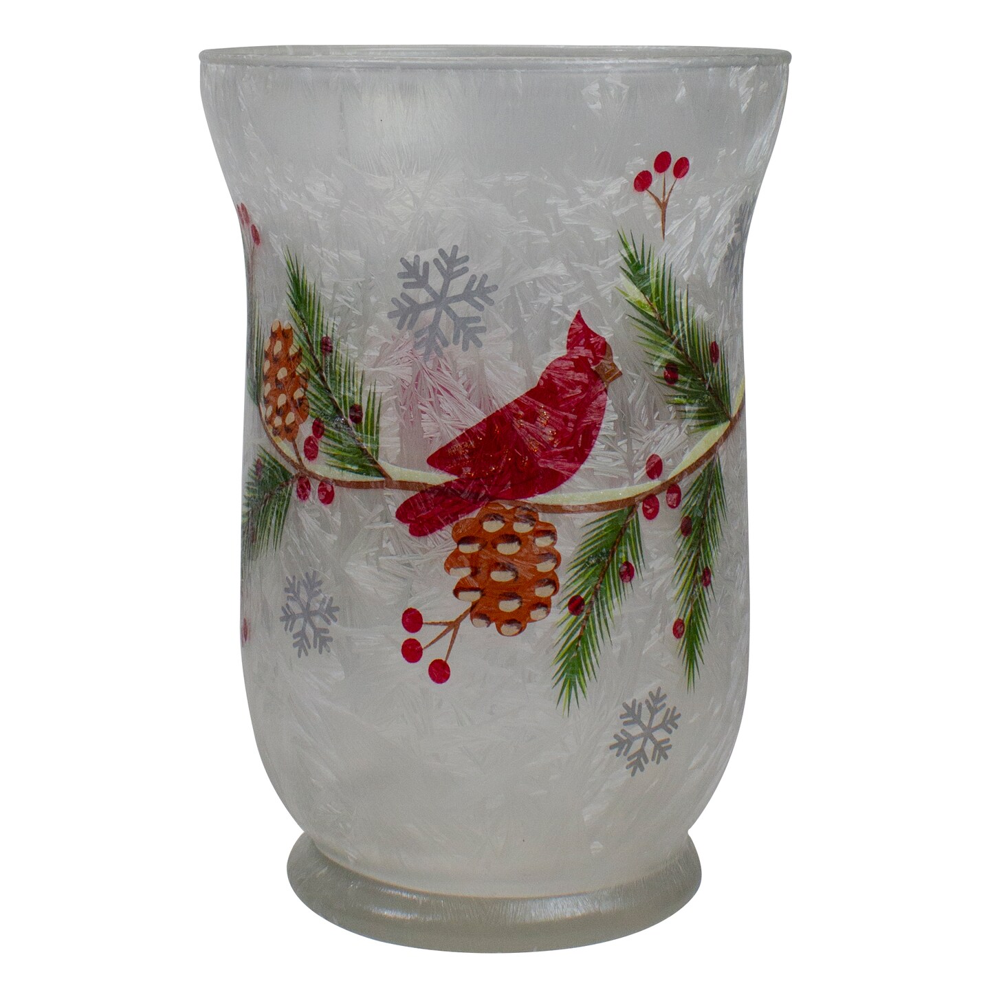 Northlight 4&#x22; Hand Painted Christmas Cardinal and Pine Flameless Glass Candle Holder