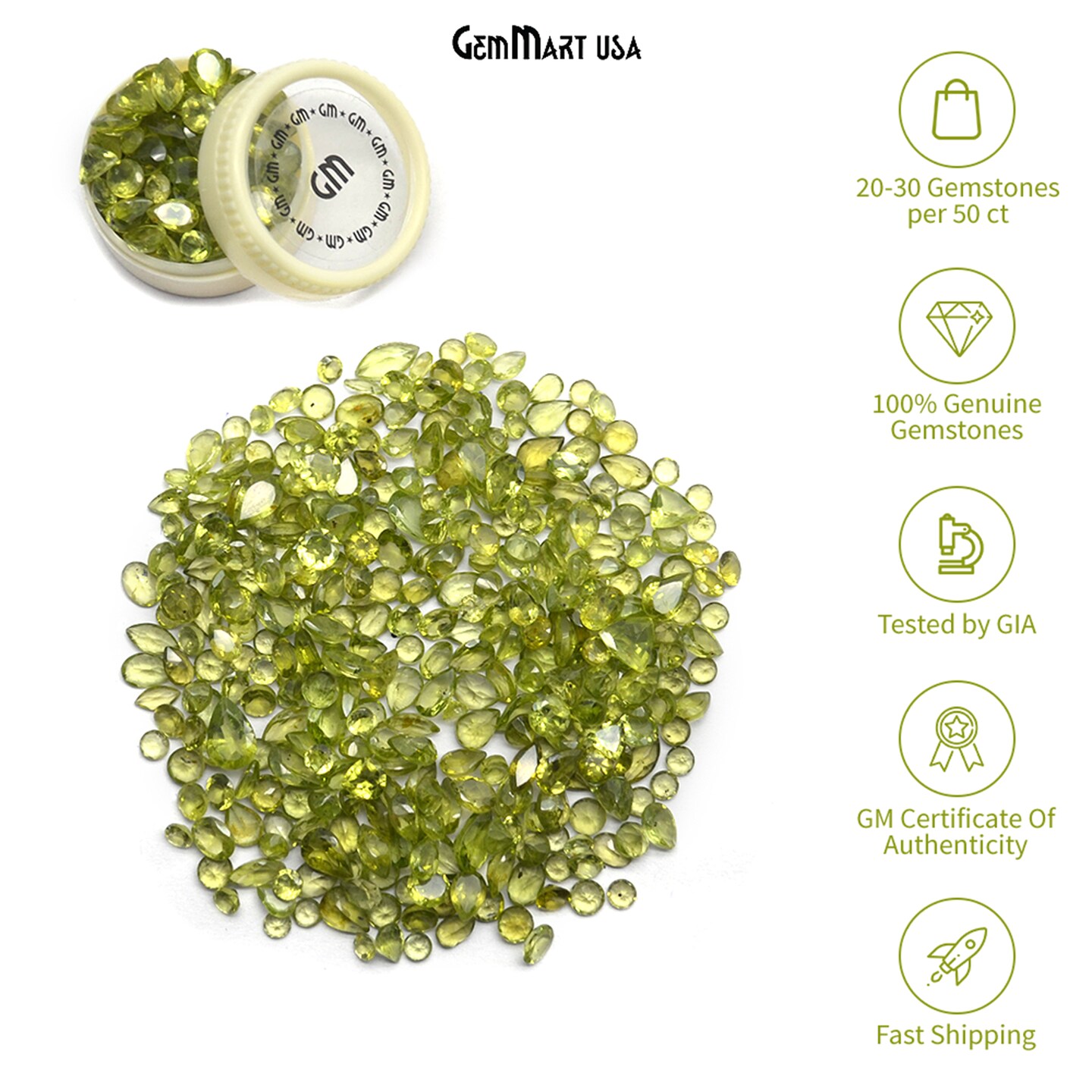 Peridot Gemstone, 100% Natural Faceted Loose Gems, August Birthstone, 6-12mm,50 Carats, GemMartUSA (PT-60001-50)