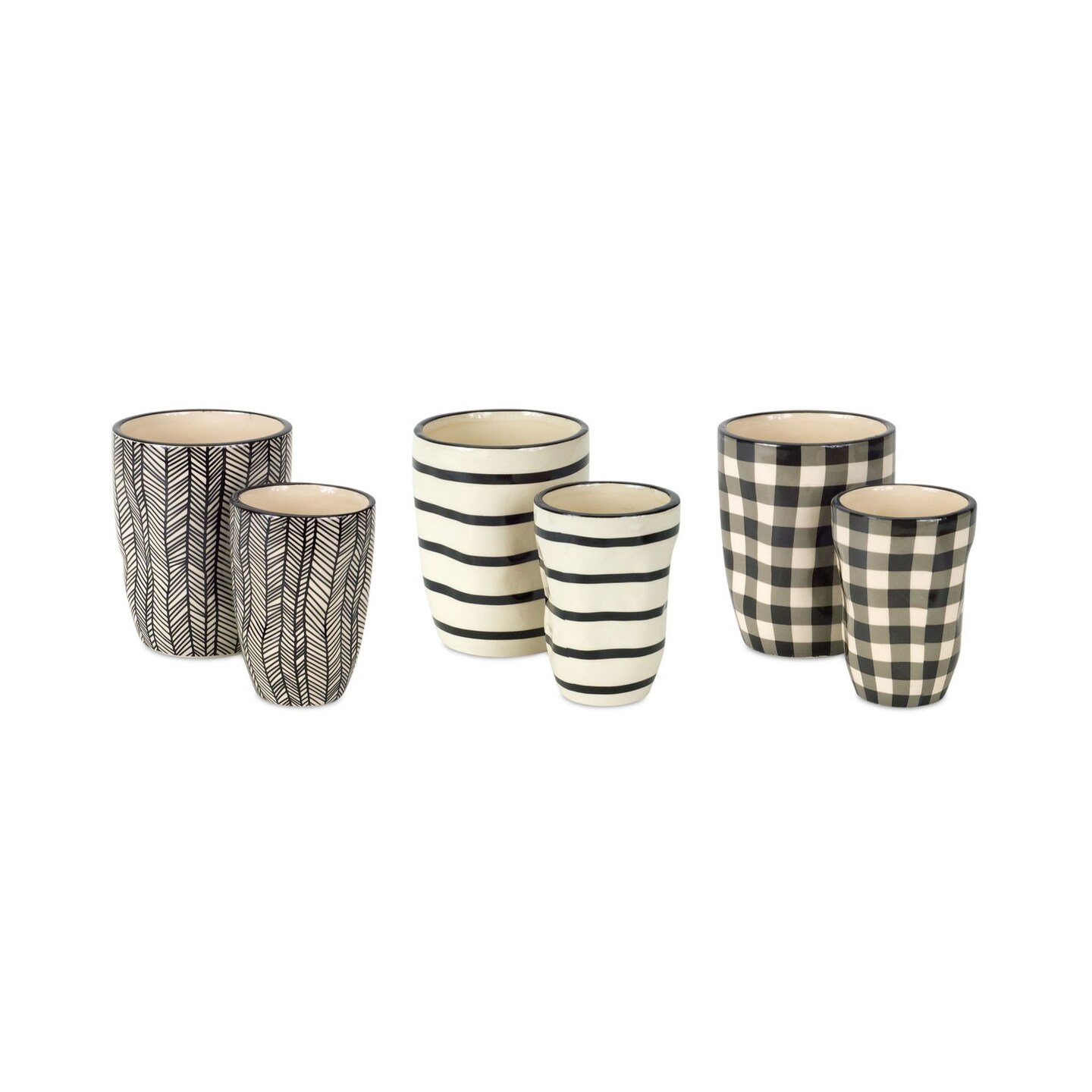 Melrose Gingham Patterned Planters - 5&#x22; - Cream and Black - Set of 6