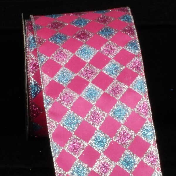 The Ribbon People Pink and Blue Glitter Harlequin Wired Craft Ribbon 4&#x22; x 20 Yards