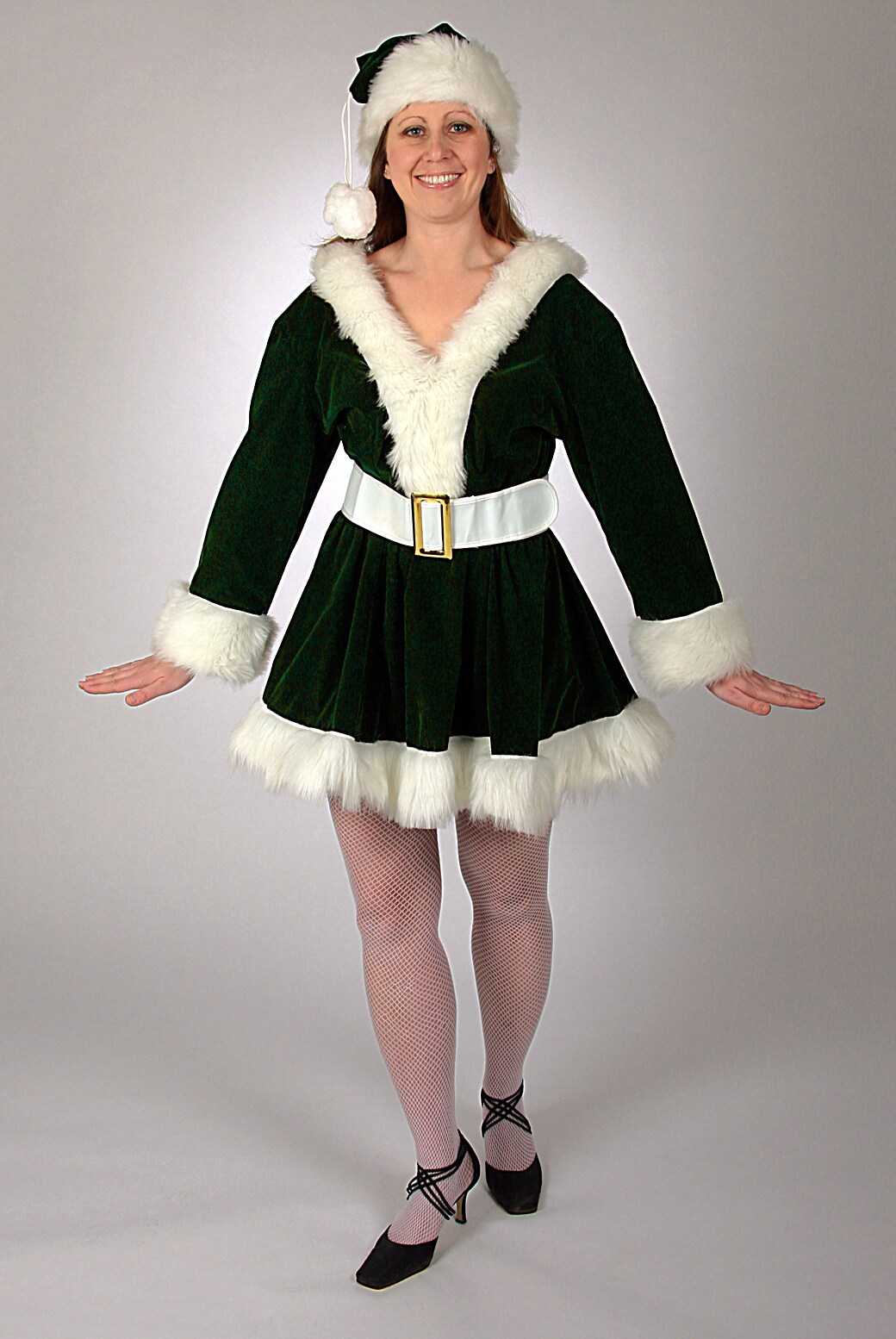 The Costume Center 3 Piece Green Velvet Perky Christmas Pixie with White Trim – Size M