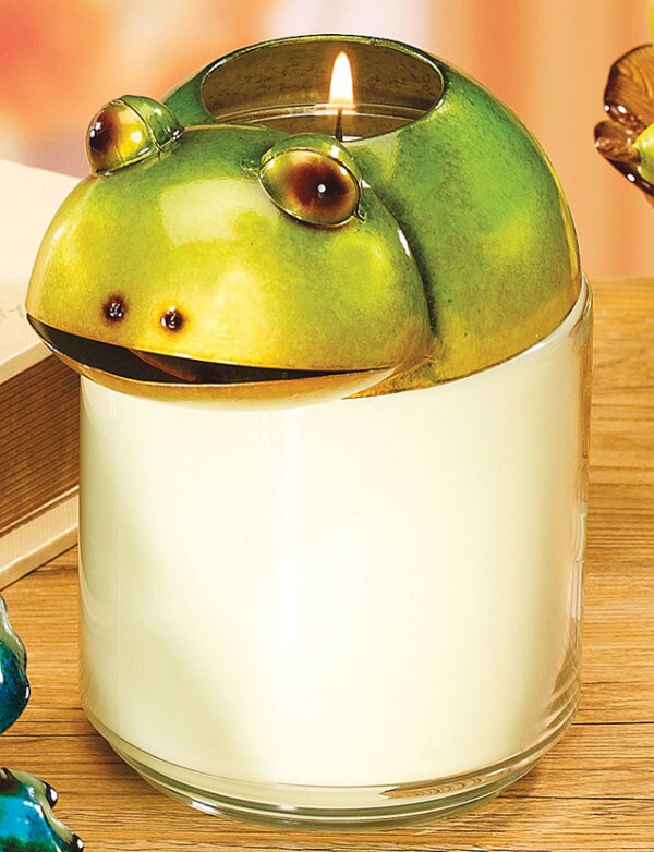 CC Home Furnishings 5.5&#x22; Green and White Hand Painted Frog Jar Candle Topper