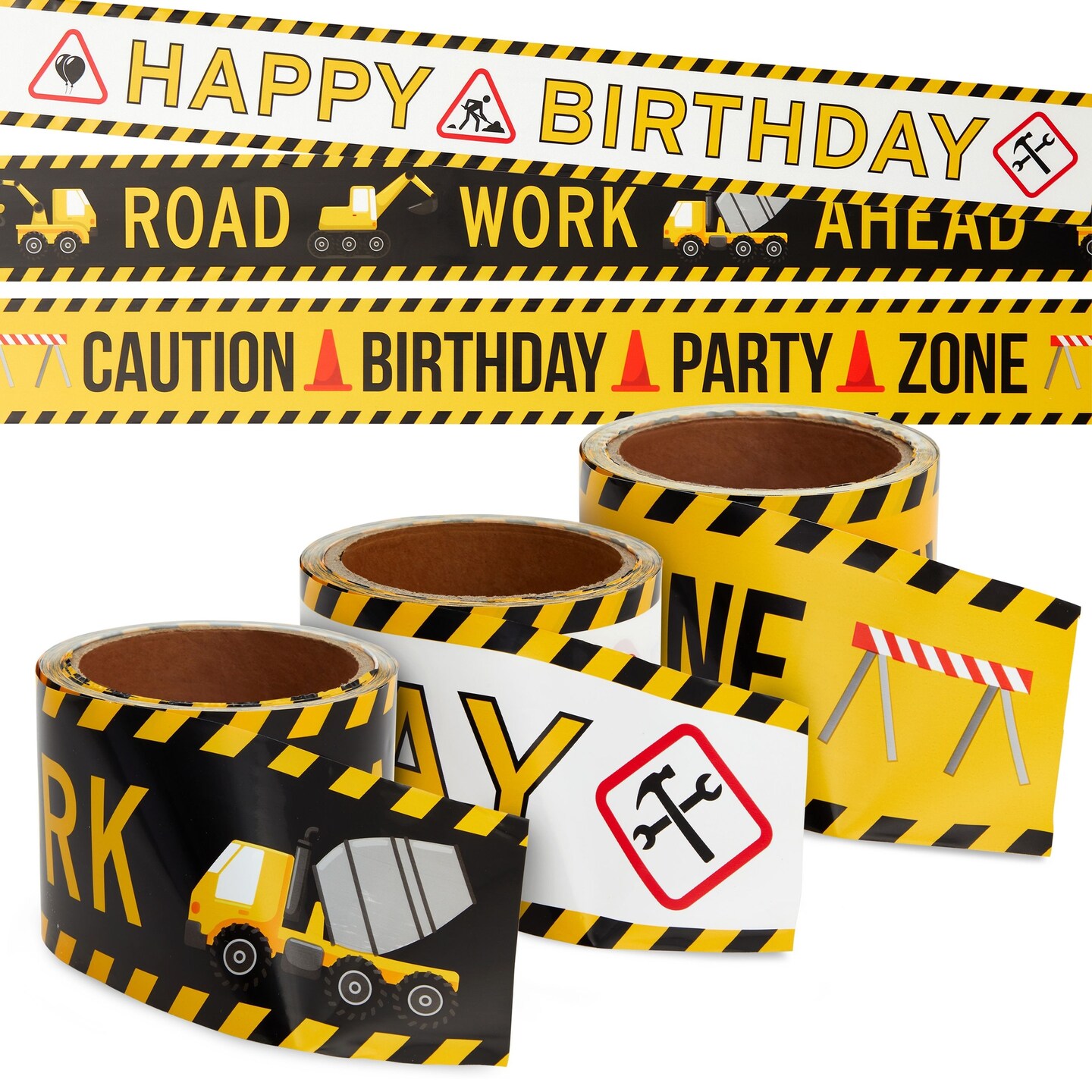 3 Rolls of Under Construction Tape for Birthday Decorations, 3&#x22; Wide, 100 Foot Roll for Party Supplies