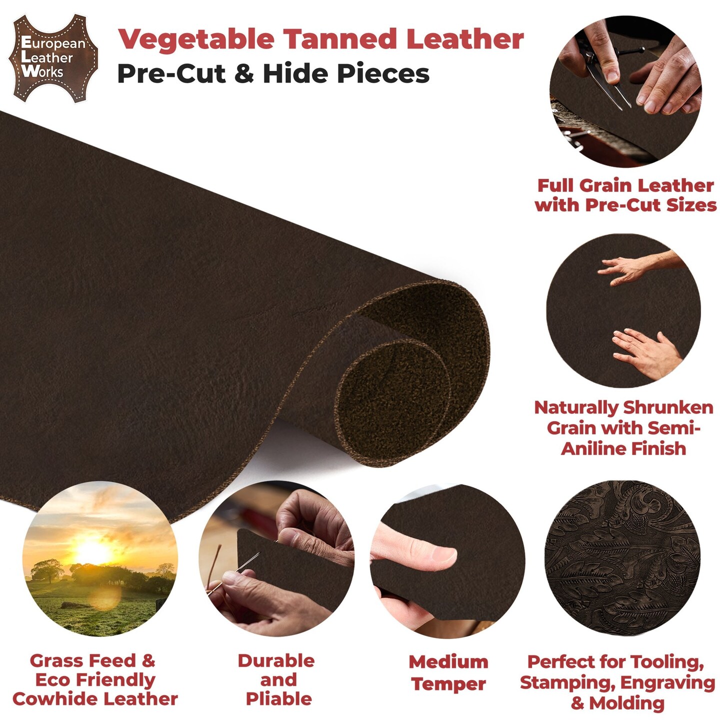 European Leather Work 5-6 oz. (2-2.4mm) Vegetable Tanned Leather Natural